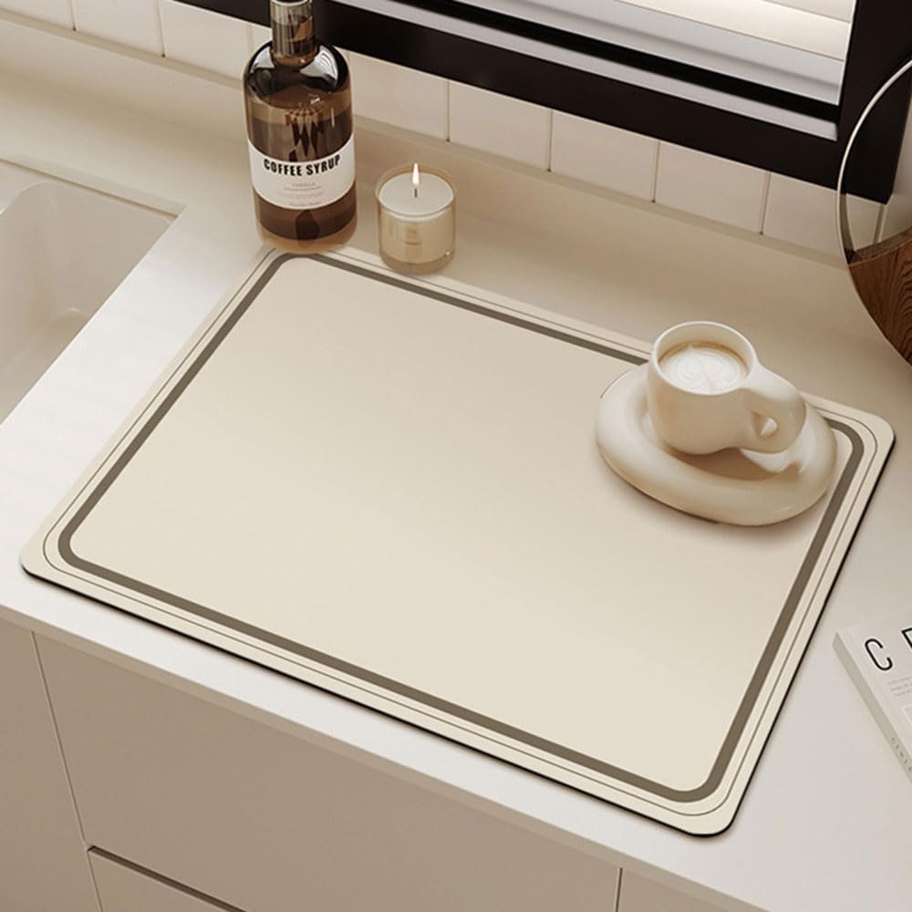 Odot Dish Drainer Mat, Non Slip Washable Drainer Mat Line Design Beige Dish Drying Mats for Kitchen Nanofiber Diatomaceous Earth Multifunctional Drying Mat (30x40cm,Solid Colours)