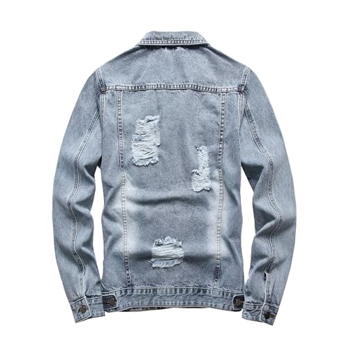Image of RANMCC Men's Elastic Ripped Denim Jacket, Vintage Washed Frayed Trucker Coat, Lightweight Casual All Season Street Outerwear