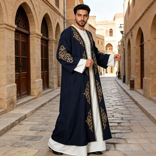 Caftán marroquí para hombre túnica bordada árabe de rayas ropa islámica abaya 2