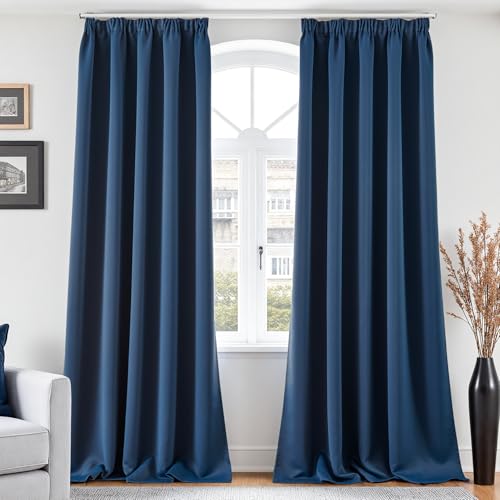 Vangao Gardinen mit Kräuselband Vorhang Blickdicht Dunkelblau H260 x B140cm 2er Set Vorhänge Wohnzimmer Modern Thermo Gardinen Schienensystem Blickdichte für Schlafzimmer Kinderzimmer Fenster