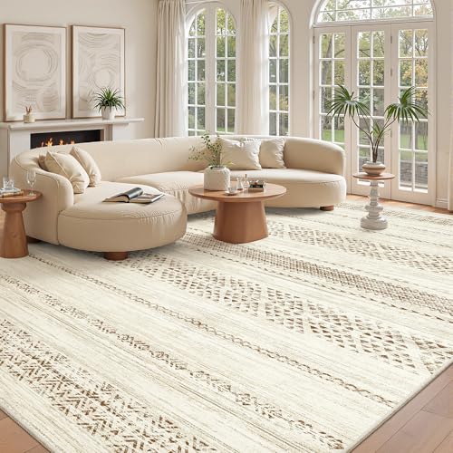 Miukiki 9x12 Area Rug for Living Room, Washable Non Slip Moroccan Rug Brown