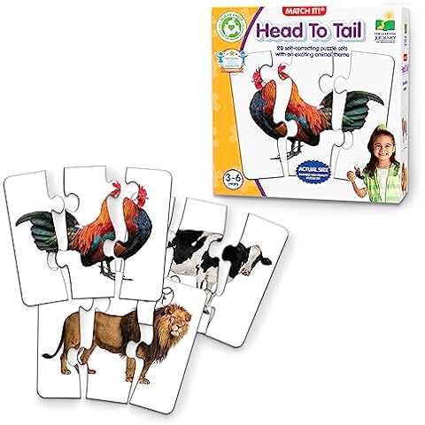The Learning Journey: Match It! Head to Tail - 20 Self-Correcting Animal-Themed Puzzle Sets - Matching Puzzles for Children Ages 3-6 Years (40 Pieces), White Cover