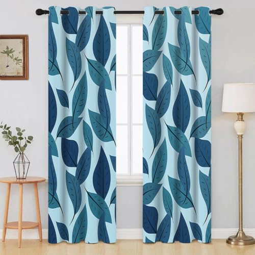 Green Leaves Blackout Curtains for Bedroom Living Room 96 Inches, Thermal Insulated Darkening Drapes Simple Printed Grommet Top Light Blocking Blue Window Treatments, 55 x 96 Inch 2 Panels L141 - Image 2