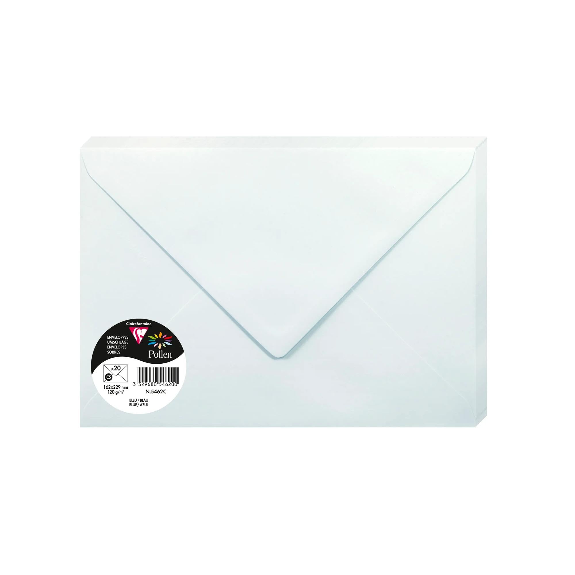 Clairefontaine 5462C Pack of 20 Gummed Envelopes Format C5 16,2x22,9cm 120gsm Colour Blue Invitation Events Correspondence Pollen Range Premium Smooth Paper