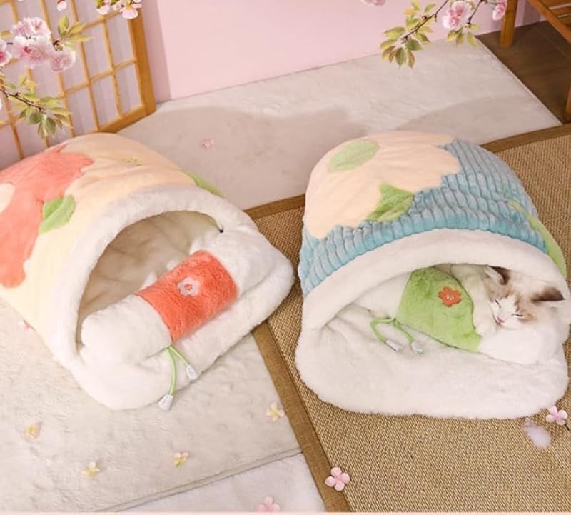 ベッド、多機能桜デザイン猫の巣寝袋 冬暖かい半密閉構造 プラスベルベットソフト素材 小型犬・猫対応 厚いマットレスベッド 秋冬柔軟舒