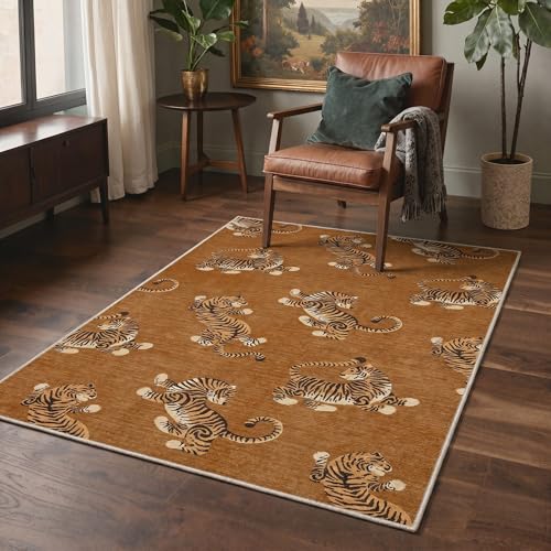Bavni 5X7 Washable Area Rug for Living Room, Animal Leaping Tigers Non Slip