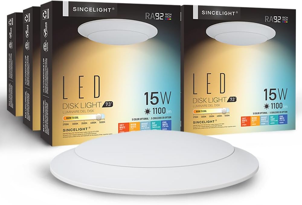 SINCELIGHT 6''/7'' Inch LED Ceiling Disk Lights, 15W Dimmable, Flush Mount or Recessed Can Retrofit, 2700K-3000K-3500K-4000K-5000K Selectable, Rich Color RA92, Eqv 100W, Low Profile, ETL&FCC, 6 Pack