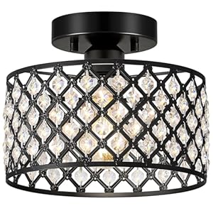 Black Crystal Ceiling Light Fixture,Modern Semi Flush Mount Ceiling Lighting Fixture,Round Small Chandelier for Hallway, Entryway, Laundry Room, Kitchen, Bedroom, Foyer, Bathroom, 1 Light, 9 inch