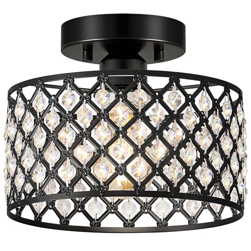 Black Crystal Ceiling Light Fixture,Modern Semi Flush Mount Ceiling Lighting Fixture,Round Small Chandelier for Hallway, Entryway, Laundry Room, Kitchen, Bedroom, Foyer, Bathroom, 1 Light, 9 inch