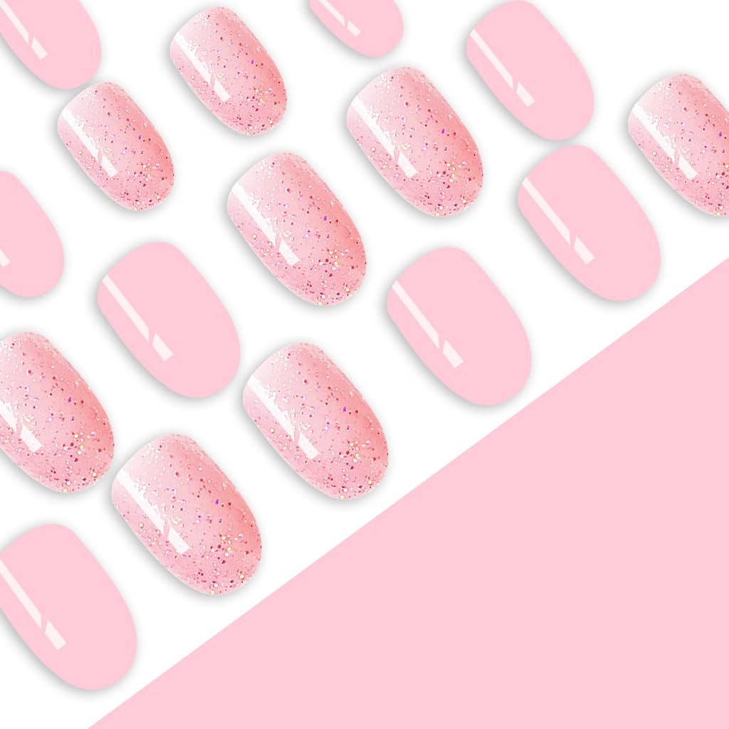 24Pcs Glitters Spring Short Oval Shape False Nails Glossy Acrylic Stick On Nails Manicure Nails Accesorie