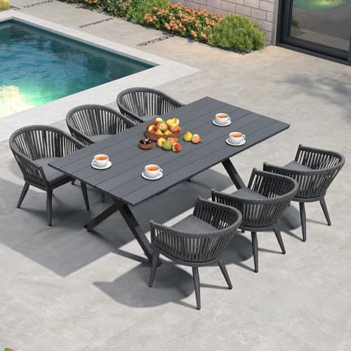 Image of PURPLE LEAF 7 Pieces Longer Outdoor Dining Set with Patio Aluminium Dining Table and Wicker Chairs Modern Furniture Cushions Sets for Backyard Indoor Decor Kitchen Gray