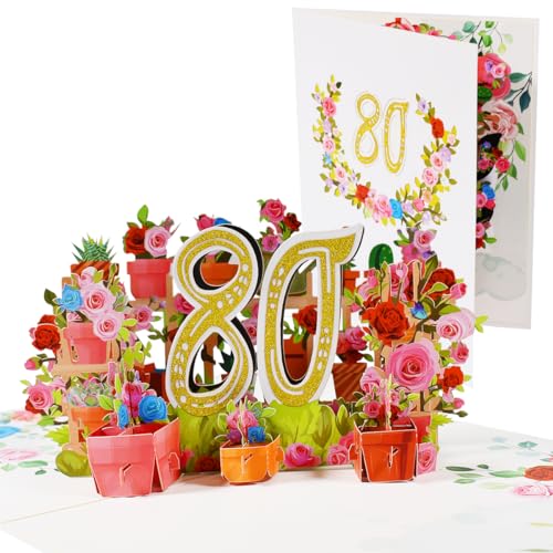 CNLITIHEKA 80th Birthday Card Pop Up 80th Birthday Cards Happy 80th Birthday Card 3D Flower Birthday Greeting Cards for Men Women Husband Wife Mom Dad Grandfather Grandmother Friends.