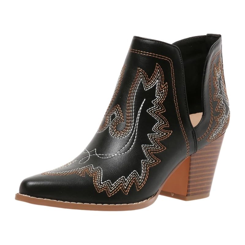 Cowboy Boots for Women Cowgirl Ankle Western Embroidered Stitched Pointed Toe Cutout Chunky Heels Short Booties Black