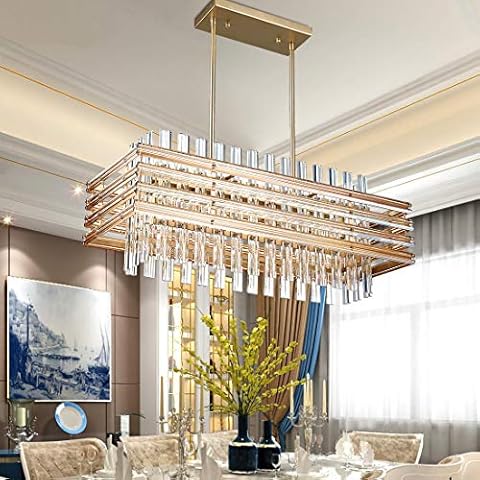 TZOE Modern Rectangle Chandelier Crystal Chandeliers for Dining Rooms L29.1 x W11.4 x H48.5,6 Light Adjustable Height Cover