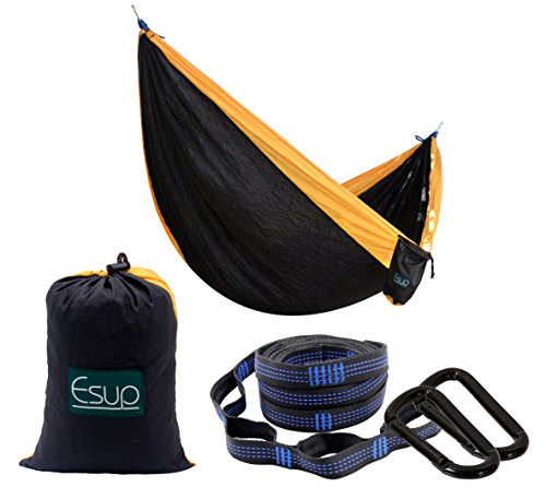 Esup Xl Camping Hammock -Multifunctional Lightweight Nylon Portable Hammock, Best Parachute Hammock For Backpacking, Camping, Travel (Black/Yellow, 118"(L) X 78"(W)) #TOP3