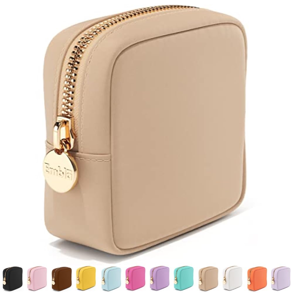 Embla Makeup Bag Travel Cosmetics Pouch and Toiletry Bag, Nylon Zipper Pouch Purse, Cute Make Up Organizer Storage Tote for Women Girls, Waterproof Travel Skincare Case, Small Makeup Bags, Sand