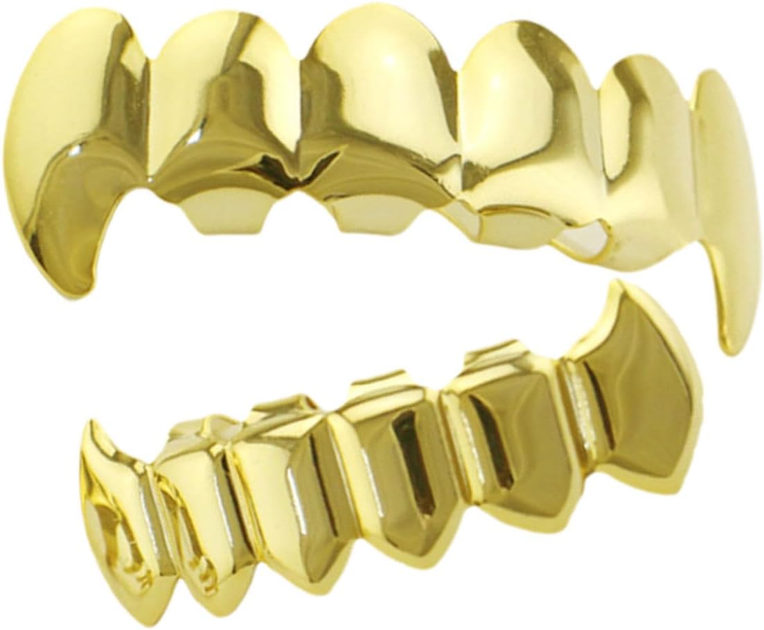 Abaodam Hip Hop Gold Teeth Grills Set Smooth Flat Fake Teeth Cap for Men and Women Halloween Party Costume Accessory Photo Prop