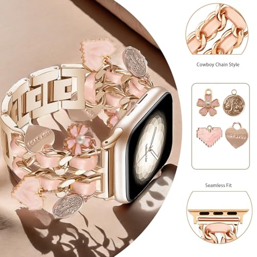 Bracelet Band with Cute Charm Compatible for Apple Watch 38mm 40mm 41mm 42mm (S11/10) Women, Cuban Chain Strap for iWatch Series 11 10 9 8 7 6 5 4 3 2 SE, Pink&Rose Gold - image 6