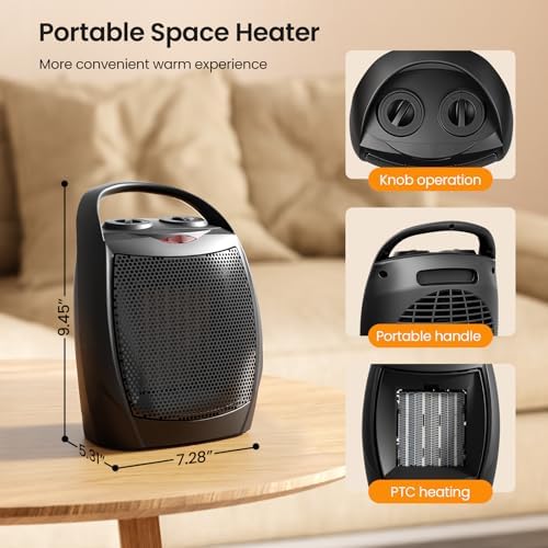 Kismile Small Electric Space Heater Ceramic Space Heater,Portable Heater Fan for Office with Adjustable Thermostat and Overheat Protection ETL Listed for Kitchen, 750W/1500W(Black) - 3