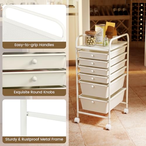 GiantexUK 4/6/12 Drawers Storage Trolley, Multipurpose Utility Rolling Cart on Wheels, Plastic Shelving Organizer Unit for Home Office Hairdressing Salon (Cream White, 6 Drawers) - Image 6