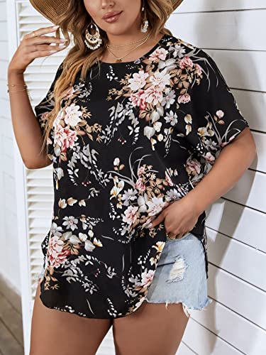 Shein Women's Plus Floral Criss Cross Cut Out Blouses Batwing Short Sleeve Tunic Shirt Top Black Floral Xx-Large Plus #TOP1
