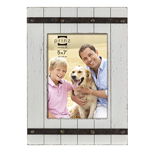 Prinz Cooper Distressed Wood Plank Frame with Faux Metal Band, 5 by 7-Inch, White