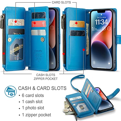 Flipalm Wallet Case For Iphone 14(6.1") Flip Case,Compatible With Magsafe Charger,Pu Leather Zipper Protective Lanyard Strap Wristlet Case With Magnetic Closure And Card Holder Blue #TOP2