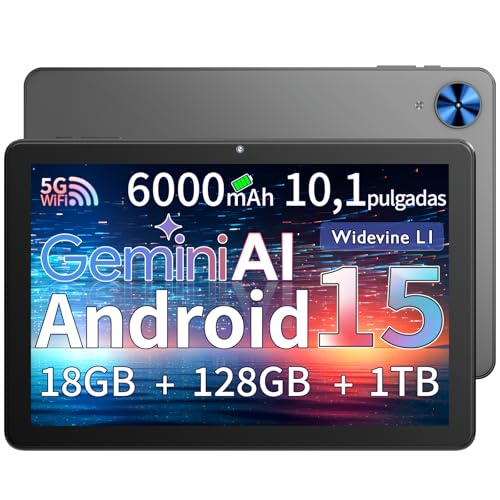 Rebecco Tablet 10 Pulgadas, Tablet Android 15 Gemini AI,18GB RAM + 128GB ROM + 1TB TF, Octa-Core, Pantalla Táctil IPS HD 1280x800, Batería 6000mAh, Widevine L1, WiFi 5G & BT 5.0, Cámara Dual Z70