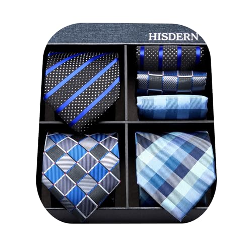 Image of HISDERN Mens Ties Extra Long Tie and Pocket Square Set 63 Inch XL Tie Pack Collection Present Box Necktie Lot 3 PCS