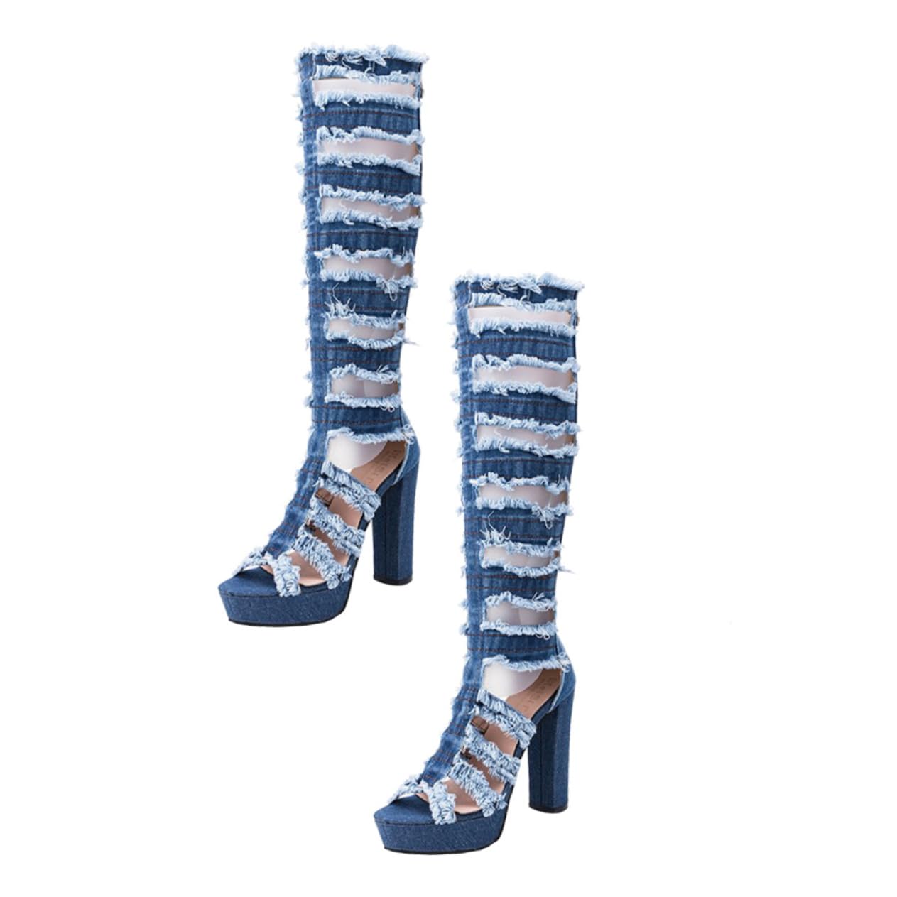 FRCOLOR Stivali Sopra Ginocchio Donna, 1 Paio, Denim Blu, Tacchi Stabile