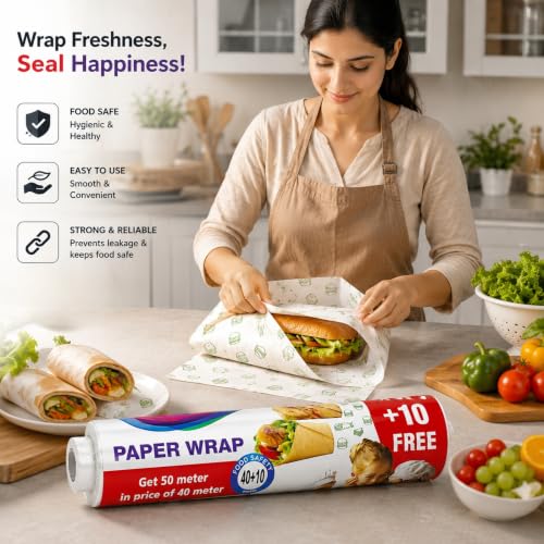 Image of Feather's Multipurpose Food Wrapping Paper Roll | Pack of 1, 50m | Baking Butter Paper | Parchement Paper for Baking and Air Fryer | Roti, Sandwich, Rolls, Lunch and Packaging