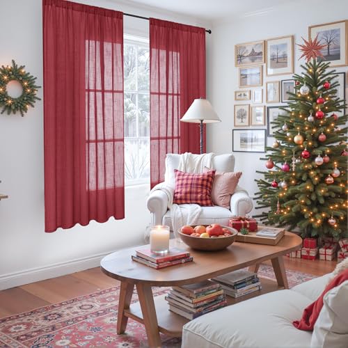 Image of BGment Burgundy Linen Curtains 63 Inches Long for Living Room, Semi Sheer Window Drapes Textured for Bedroom Dining Light Filtering with Rod Pocket Lightweight, 2 Panels, Each 52 Inch Wide