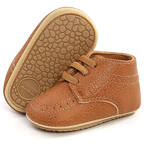 LAFEGEN Baby Boy Girl Walking Shoes Non Slip Hard Bottom Infant High Top Sneaker PU Leather Moccasins Toddler First Walker Crib Dress Tennis Shoes 3-18 Months 01 Brown, 6-12 Months Infant
