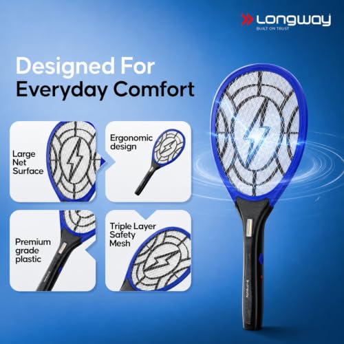 Image of Longway Zappy Rechargeable Mosquito Killer Racket Built in COB Light | 3500V DC Voltage on The Net Mesh| Mosquito Bat | 1 Month Stand by 500mah Long Lasting Internal Battery (Blue)
