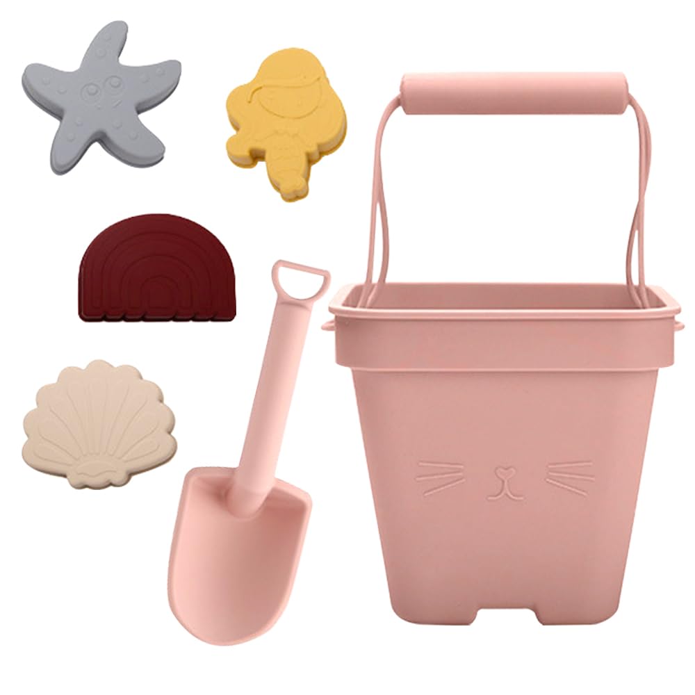 CLIUNT Juguetes de Playa de Silicona,6 Piezas Juguetes de Arena de Silicona,Juguetes de Playa de Silicona para Niños,con Bolsa de Malla,Balde, Pala y Moldes,para Niños Niñas,Rosa