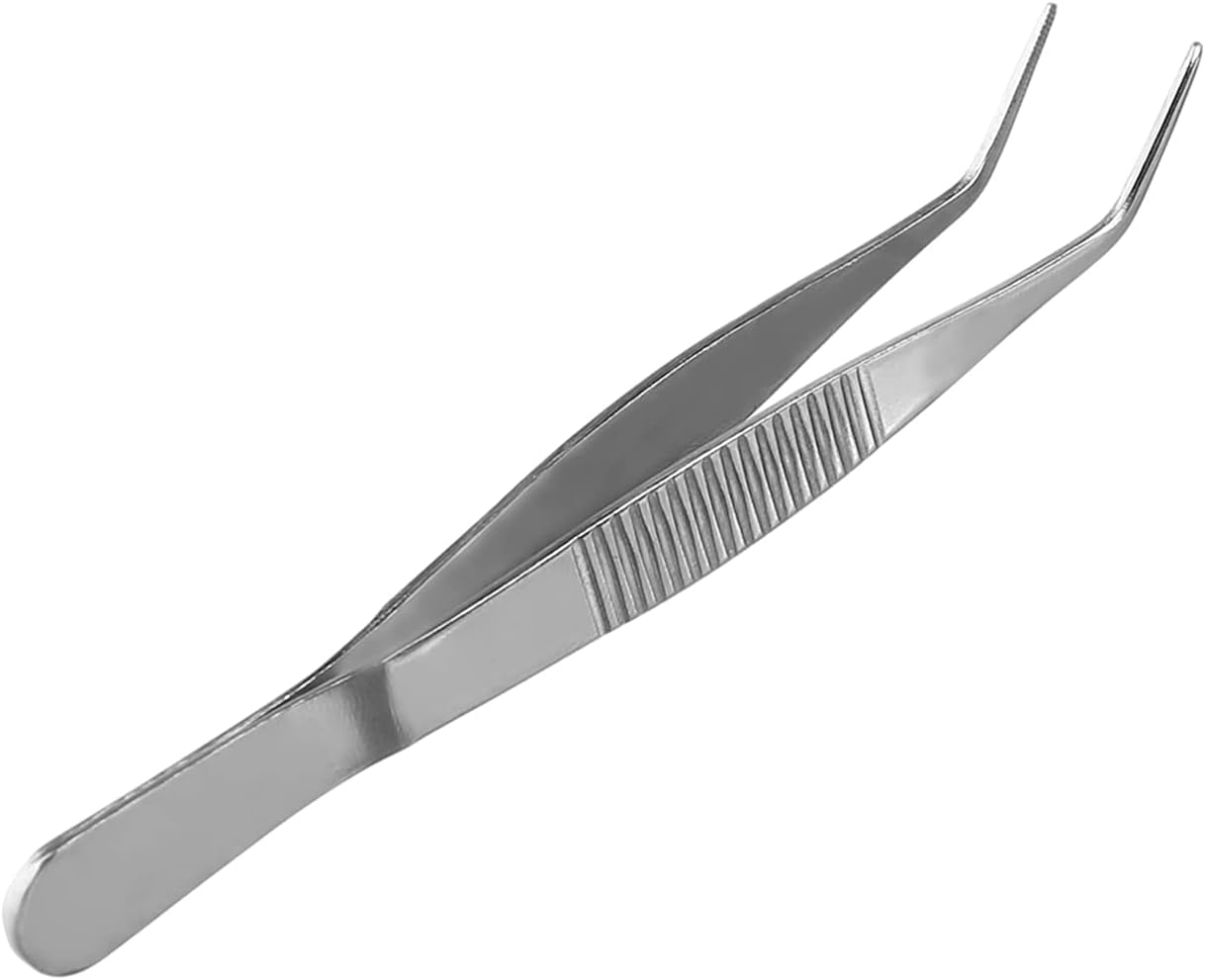 Auniwaig 4.92inch Length 125mm Stainless Steel Curved Pointed Tweezers For Medical Serrated Tip