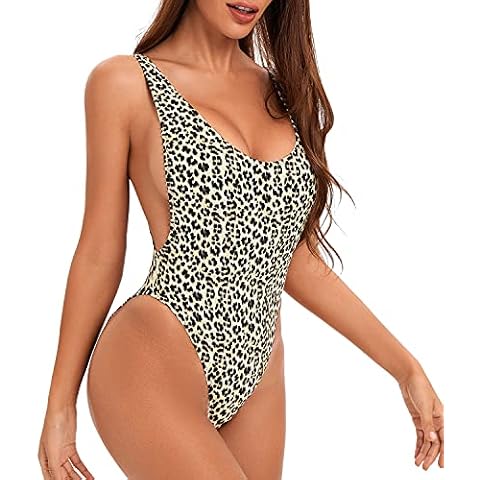 Dixperfect 90s Trend One Piece Swimsuit Low Cut Sides Wide Straps High Legs for Women Leopard Cover