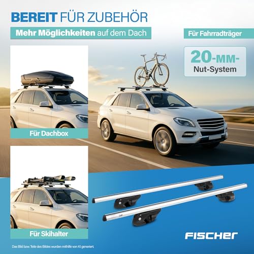 FISCHER Relingträger Topline L, für Fahrradträger, Dachboxen oder als Skihalter, für offene Dachrelinge, Aluminium, Tragkraft 90 kg, vormontiert, inklusive Schloss, Barrenstärke 45 x 28 mm, Barrenlänge 120 cm