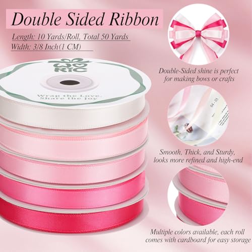 woric Double Faced Pink Satin Ribbon 3/8 Inch x 5 Rolls Total 50 Yards, 10 Yd/Roll Craft Thin Ribbon for Easter Gifts Decorations Flower Bouquet Gift Wrapping Hair Bows Baby Bridal Shower Wedding - Image 3