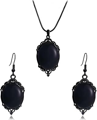 Gothic Necklace and Earrings Set for Women,Red Purple Crystal Cameo Necklaces Mystic Witch Jewelry Set Punk Glass Teardrop Emboss Vampire Pendant Necklace Earring Halloween Costume Accessories
