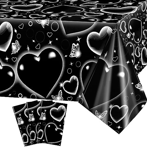 PHOGARY Black Heart Early 2000s Table Cloth, Plastic Tablecloths Valentine's Day Birthday Party Table Cover for Kids, Old School Tablecovers Rectangle Cholo Party Decorations, 3 Pack 51