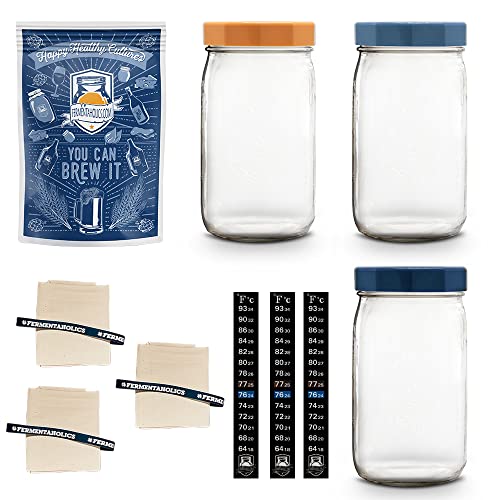 Set of 3 One Quart Wide Mouth Mason Jars with Airy Muslin Cloth Covers, Rubber Bands, Temperature Strips | Perfect for Small Batch Fermentation | Kombucha, Kefir, Pickling & More