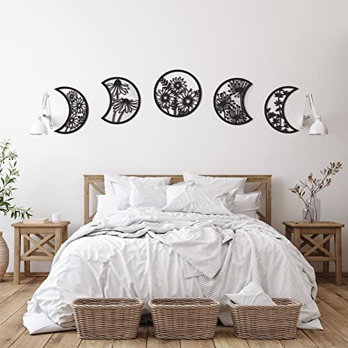 Jetec 5 Pieces Moon Phase Wall Decor Boho Hanging Moon Phase Nordic Wood Wall Art for Living Room Bedroom Home Decoration Room Apartment Bar Ornament(Black)