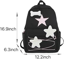 Zaino Preppy Y2K Con Stelle, Nero, In Nylon, Per Laptop, 30x43x13 Cm