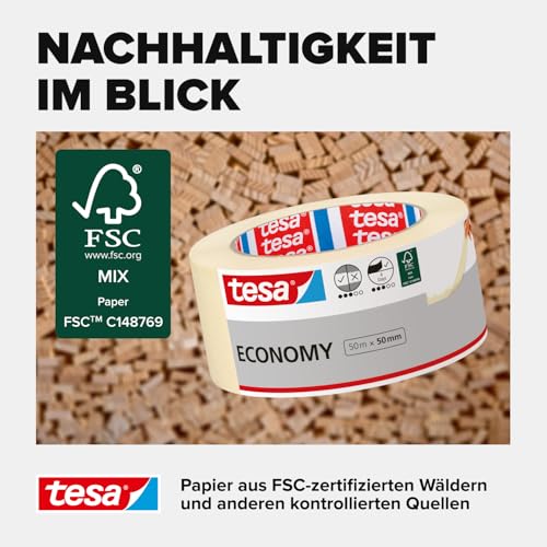 tesa Malerband ECONOMY - Vielseitiges Klebeband für Malerarbeiten ohne Lösungsmittel - Bis zu 4 Tage nach Gebrauch rückstandslos entfernbar, 50 m x 50 mm