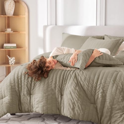 Image of MUXHOMO 5 Pieces Twin XL Comforter Set, Seersucker Bed in a Bag Twin XL Size, All Season Luxury Bedding Set with Comforter, Flat Sheet, Fitted Sheet, Pillowcase & Sham, Linen