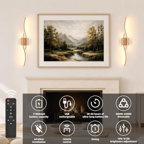 Image of Battery Powered Wall Sconces Set of 2, Wood 31.4 inch LED Dimmable Wall Sconce with Remote Control /Timer /Memory, USB Rechargeable Wall Lights for Living Room, Bedroom, Hallway Wireless scones Lighting