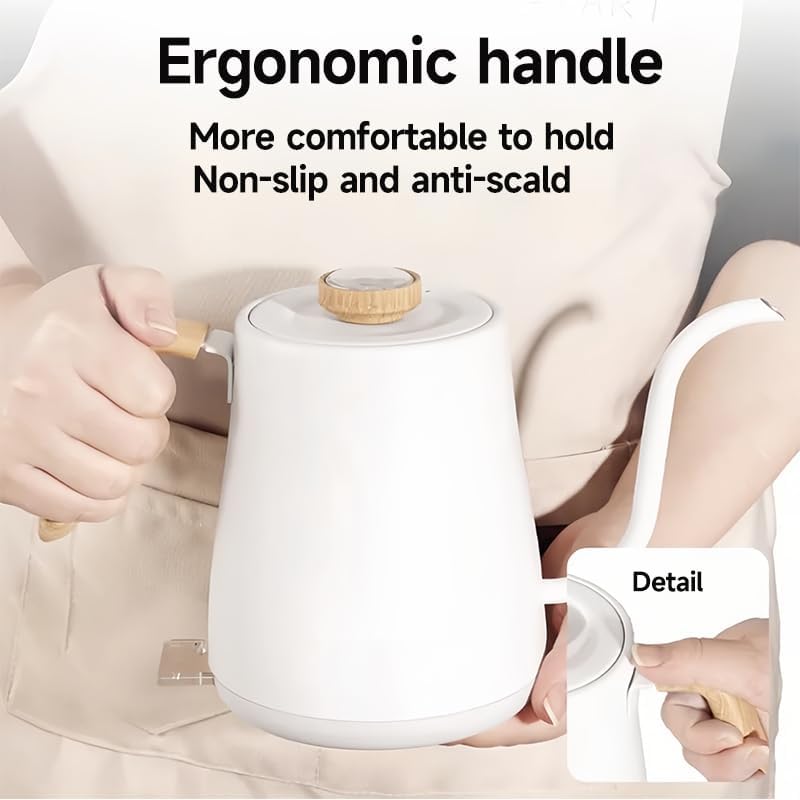 Small Hot Wlectric Kettle, Gooseneck Electric Kettle With Thermometer, Automatic Shut Off, No Plastic, 304 Stainless Steel Inner, for Pour Over Coffee, Brew Tea, Fast Boiling Water,1000w, 0.8L(White)