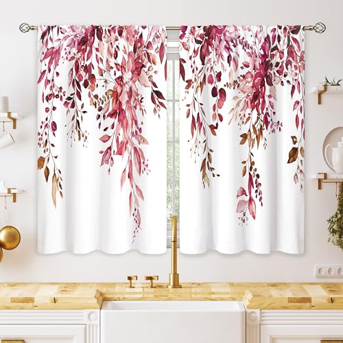 oolygoo Burgundy Eucalyptus Small Kitchen Curtains Watercolor Red Leaves Window Treatment Flower Floral Plant Botanical Cafe Short Curtains for Bathroom Dining Fall Tier Treatment Drapes 26x30 inch