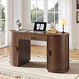 ONBRILL 58" Fluted Executive Desk with Storage, Home Office Desk with Drawers, Wood Computer Writing Desks with Charging Station for Study Living Room Bedroom Work Walnut